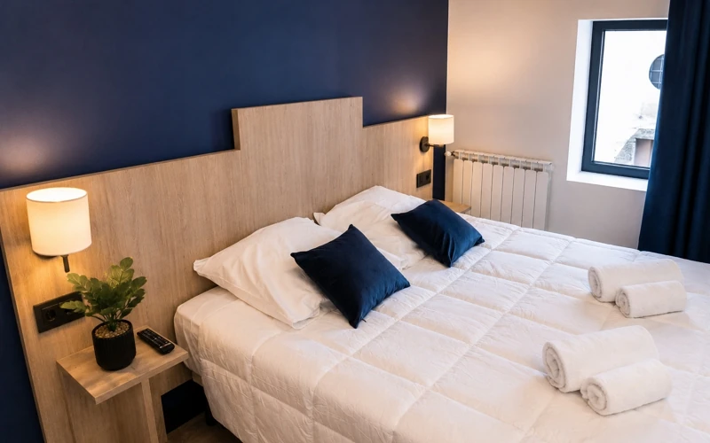 Chambre solo avec lit double et décoration bleu et bois à l’Hôtel des Artistes à Chambéry